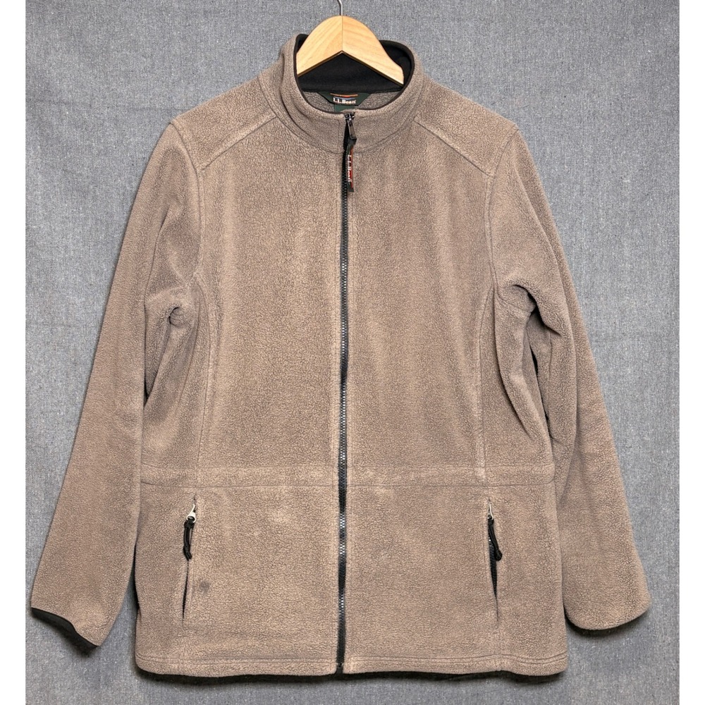 LL‎ Bean Womens Fleece Jacket Full Zip Taupe Brown Mock Neck Large LG REG